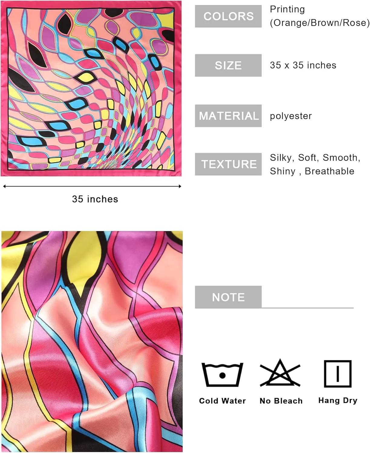 AWAYTR 35” Large Square Satin Head Scarf - 3Pcs Satin Hair Scarves Silk Bandana Scarf Headscarf Silk Feeling Scarf for Women