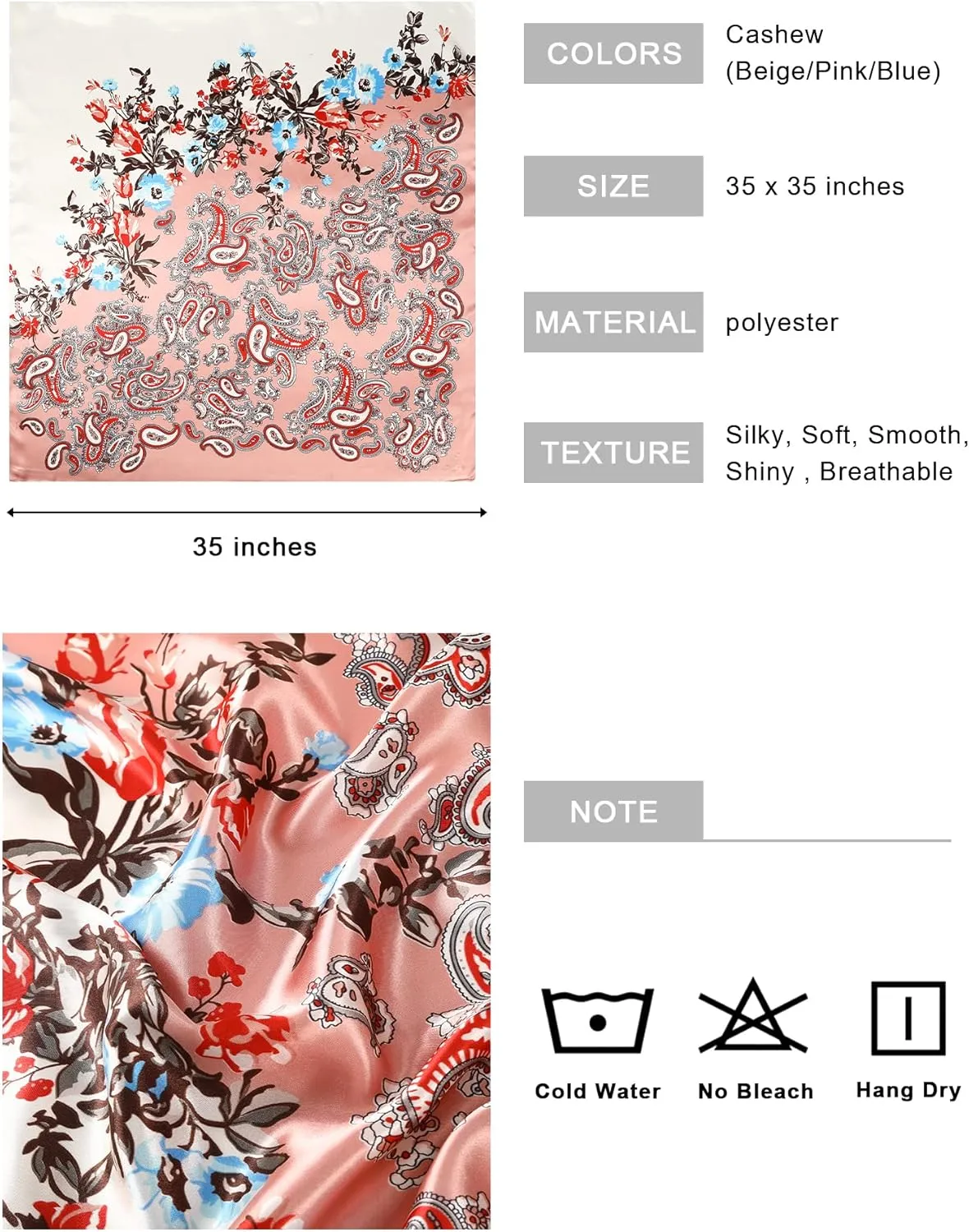 AWAYTR 35” Large Square Satin Head Scarf - 3Pcs Satin Hair Scarves Silk Bandana Scarf Headscarf Silk Feeling Scarf for Women