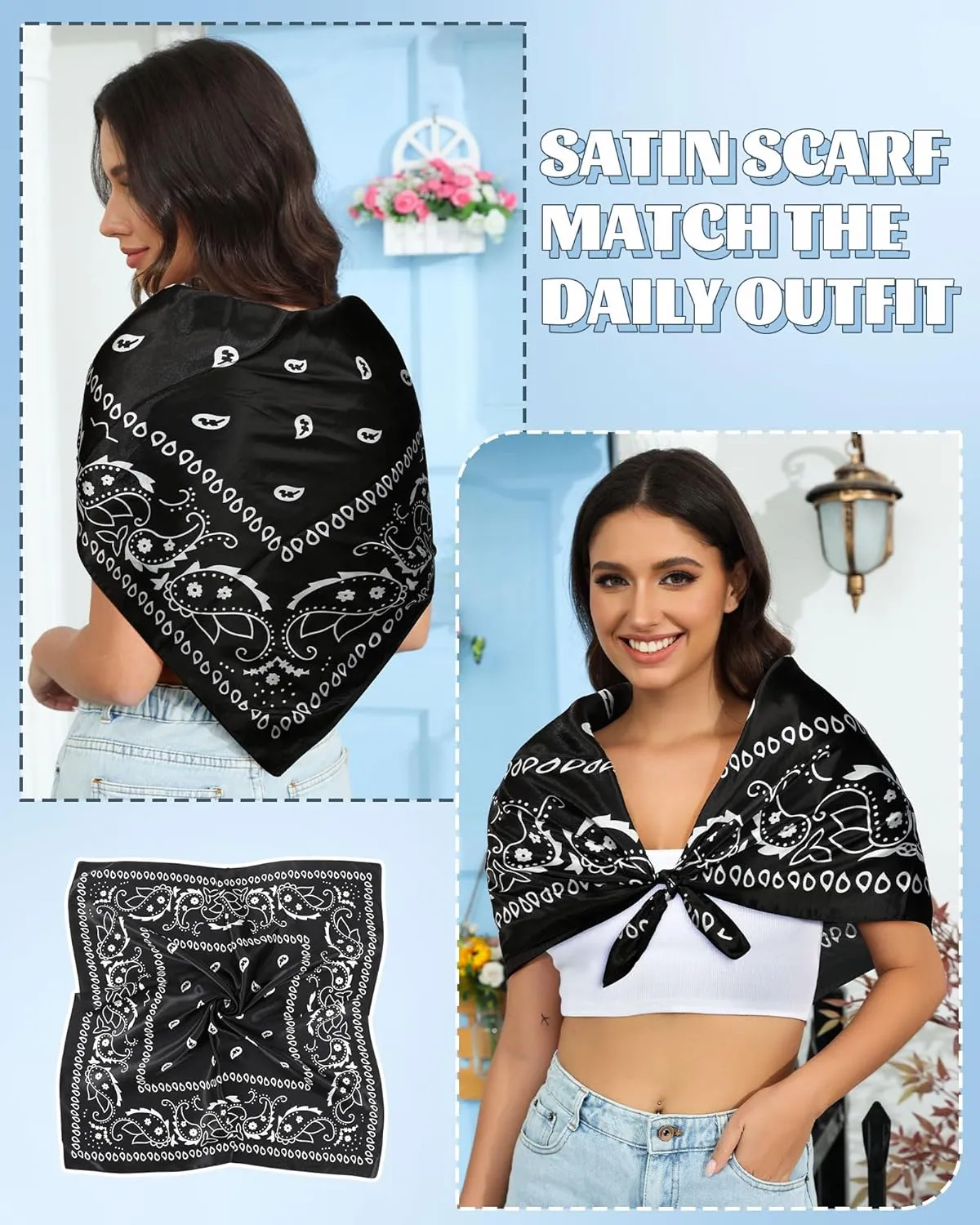 AWAYTR 35” Large Square Satin Head Scarf - 3Pcs Satin Hair Scarves Silk Bandana Scarf Headscarf Silk Feeling Scarf for Women