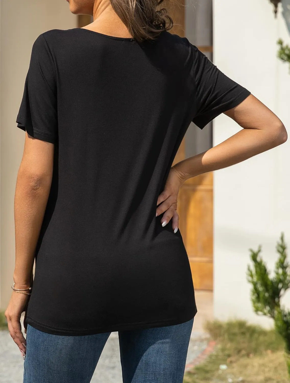 AYIFU Womens Summer Tops Short Sleeve Casual Shirts Asymmetric Neck Color Block Tunic