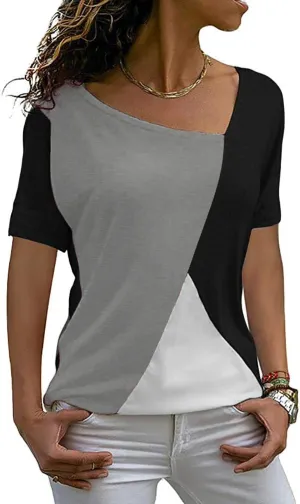 AYIFU Womens Summer Tops Short Sleeve Casual Shirts Asymmetric Neck Color Block Tunic