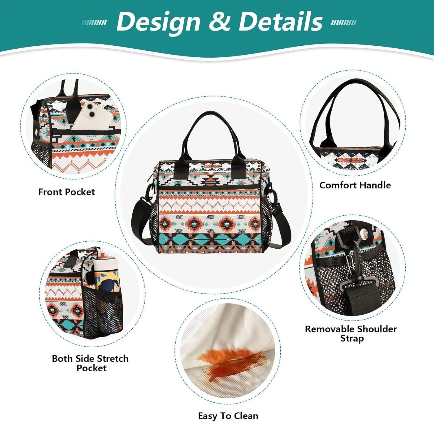 Aztec Design Lunch Bag Insulated Lunch Box for Women Cooler Bag Reusable Lunch Tote Bag Men Leakproof Lunchbox with Shoulder Strap School Work Picnic