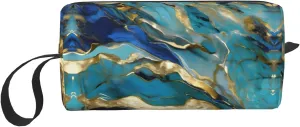 Azurite Teal and Foil Gold Oil Marble Pattern print Cosmetic Makeup Bags Pouch with Zipper Makeup Bag Travel Cosmetic Bags,Travel Toiletry Case