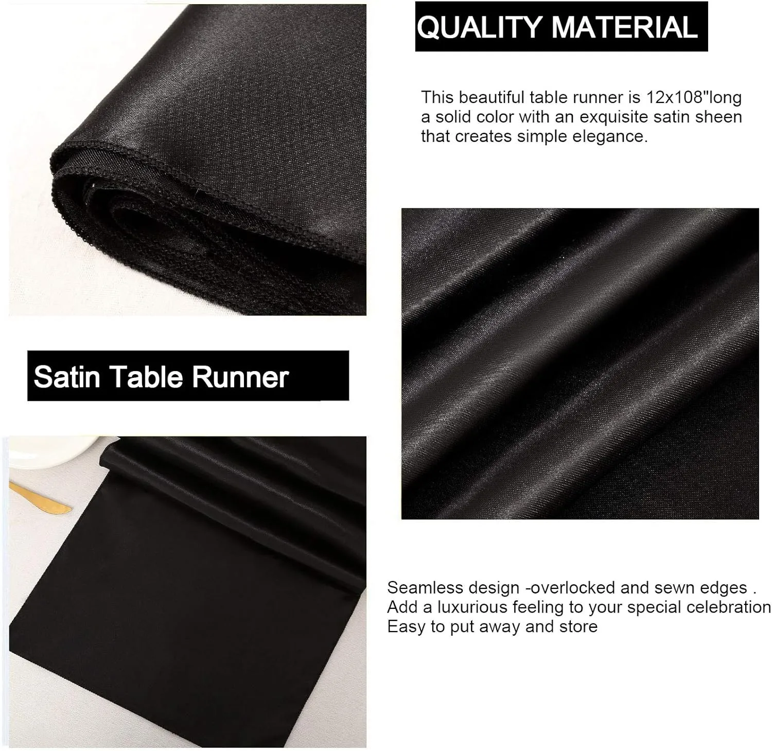 B-COOL Black Table Runner Satin Table Runners Wedding Table Runners 10 Packs 12x108 inch Silk Smooth Fabric for Baby Shower Wedding Party Decorations