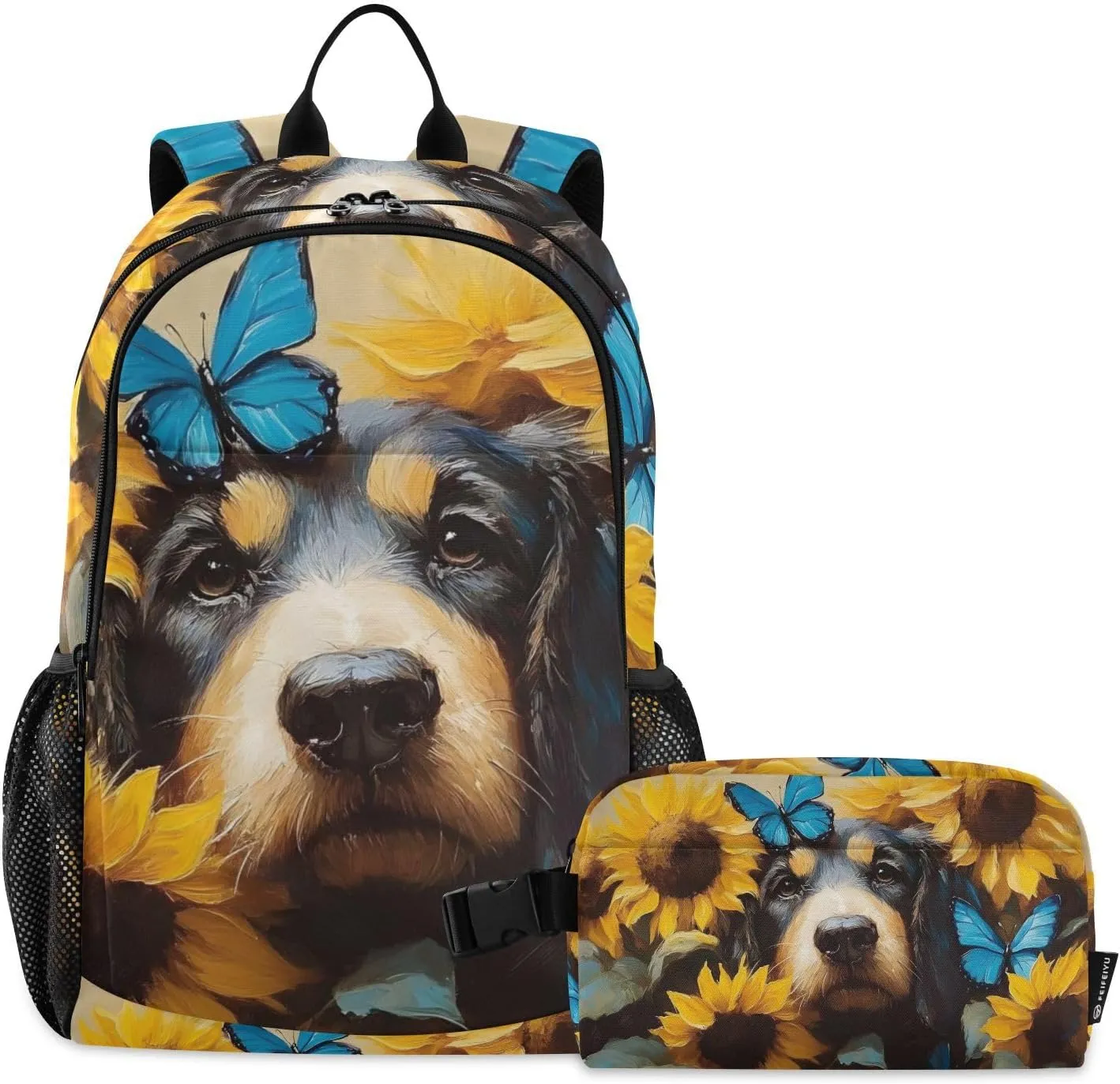 Backpack with Lunch Box Bloodhound Dog Sunflower Book Bag Daypack Shoulder Bag with Insulated Lunch Bags for Men Women Travel Laptop Daypack 18.5 x 11.8 In