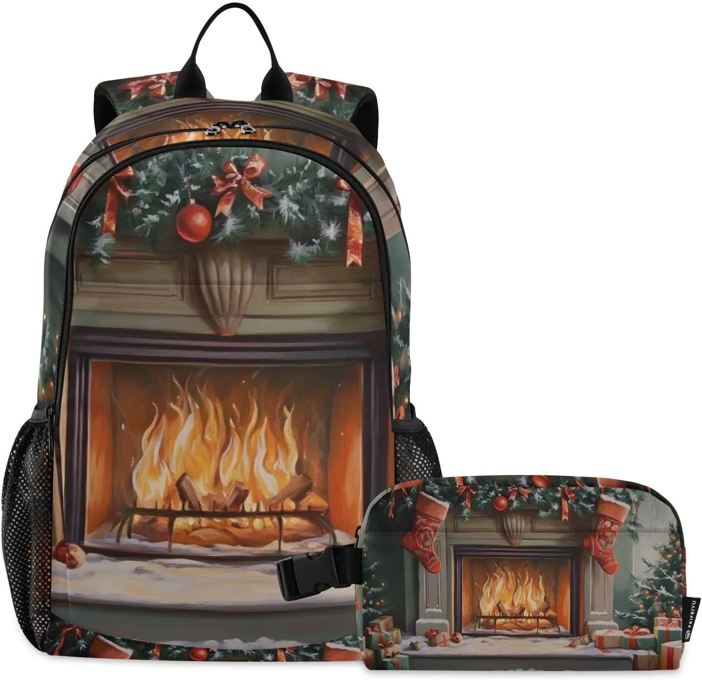Backpack with Lunch Box Christmas Stocking Fireplace Book Bag Daypack Shoulder Bag with Insulated Lunch Bags for Women Men Travel Laptop Daypack 18.5 x 11.8 In