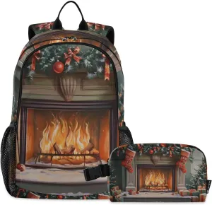 Backpack with Lunch Box Christmas Stocking Fireplace Book Bag Daypack Shoulder Bag with Insulated Lunch Bags for Women Men Travel Laptop Daypack 18.5 x 11.8 In