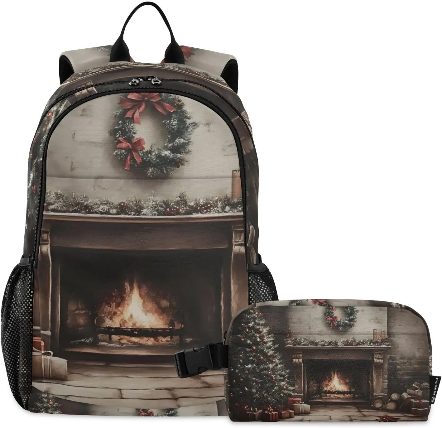 Backpack with Lunch Box Christmas Tree Fireplace Book Bag Daypack Shoulder Bag with Insulated Lunch Bags for Women Men Travel Laptop Daypack 18.5 x 11.8 In