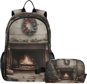 Backpack with Lunch Box Christmas Tree Fireplace Book Bag Daypack Shoulder Bag with Insulated Lunch Bags for Women Men Travel Laptop Daypack 18.5 x 11.8 In