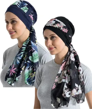 Bamboo Cotton Liner Chemo Headwear for Womenwith Silky Scarfs for Cancer Hair Loss Sleep Caps Beanie
