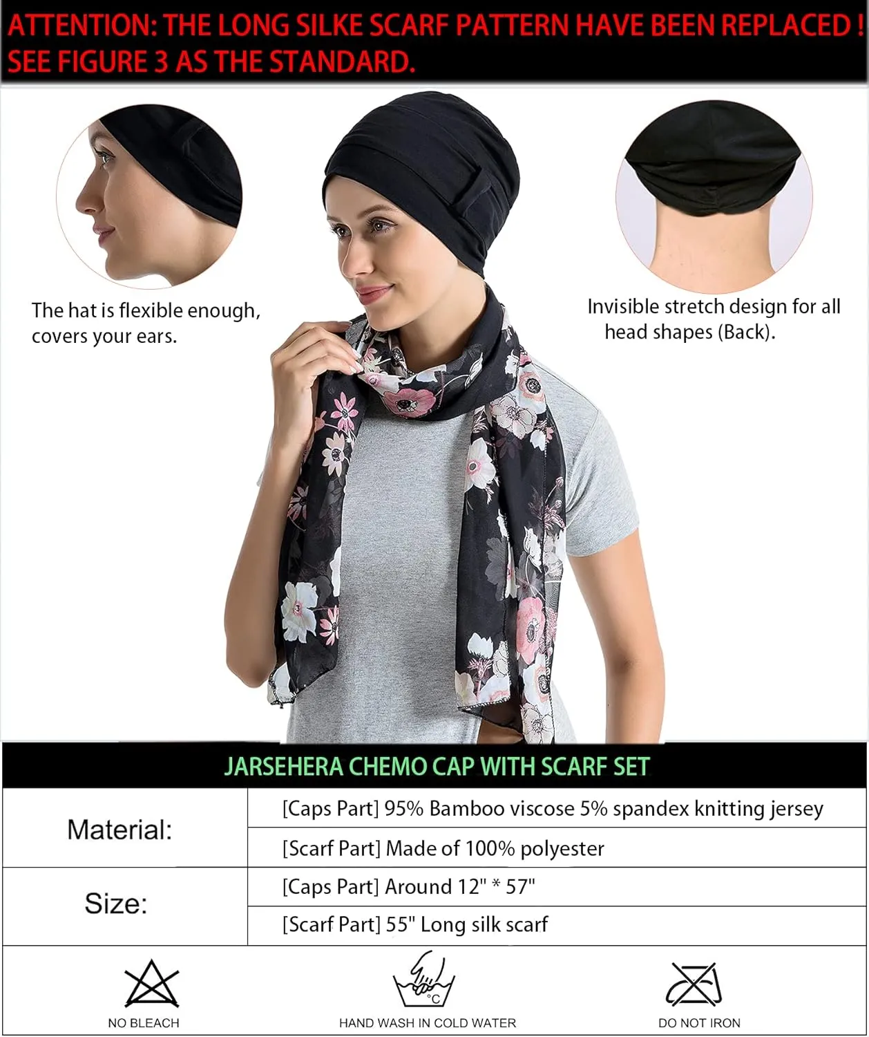 Bamboo Cotton Liner Chemo Headwear for Womenwith Silky Scarfs for Cancer Hair Loss Sleep Caps Beanie