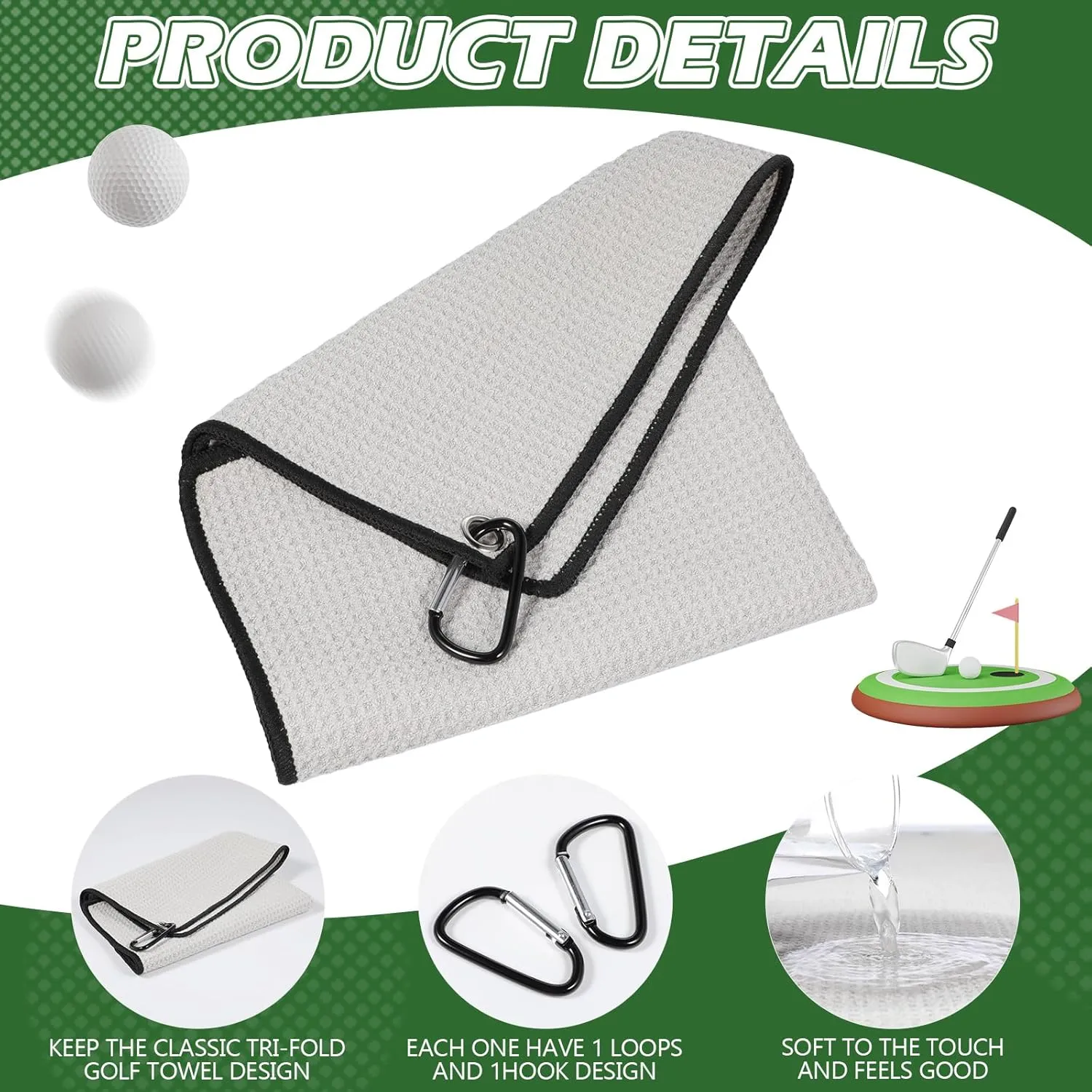 Batiyeer Golf Towels Bulk for Bags 16'' x 16'' Microfiber Waffle Pattern Golf Towel with Clipfor Mini Tournament, Club, Yoga, Fitness
