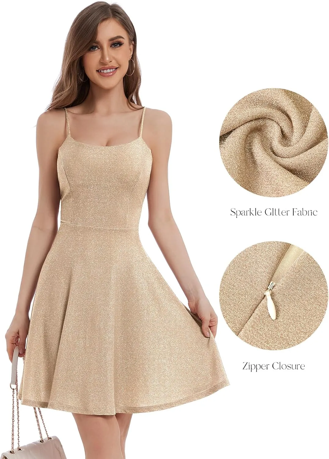 Bbonlinedress Spaghetti Straps Sparkly Homecoming Dress Fit and Flare Glitter Mini Swing Semi Formal Prom Party Club Dress