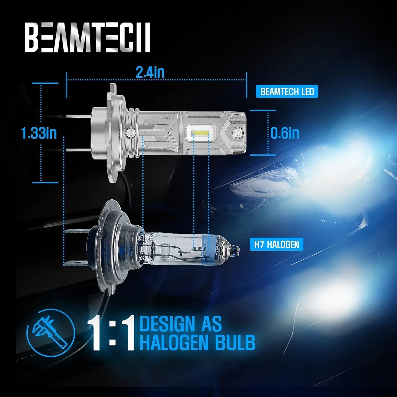 BEAMTECH H7 Bulbs,H7 Light Bulb Plug and Play No Adapter Required 1:1 Size 6500K White Fog Light Bulb of 2