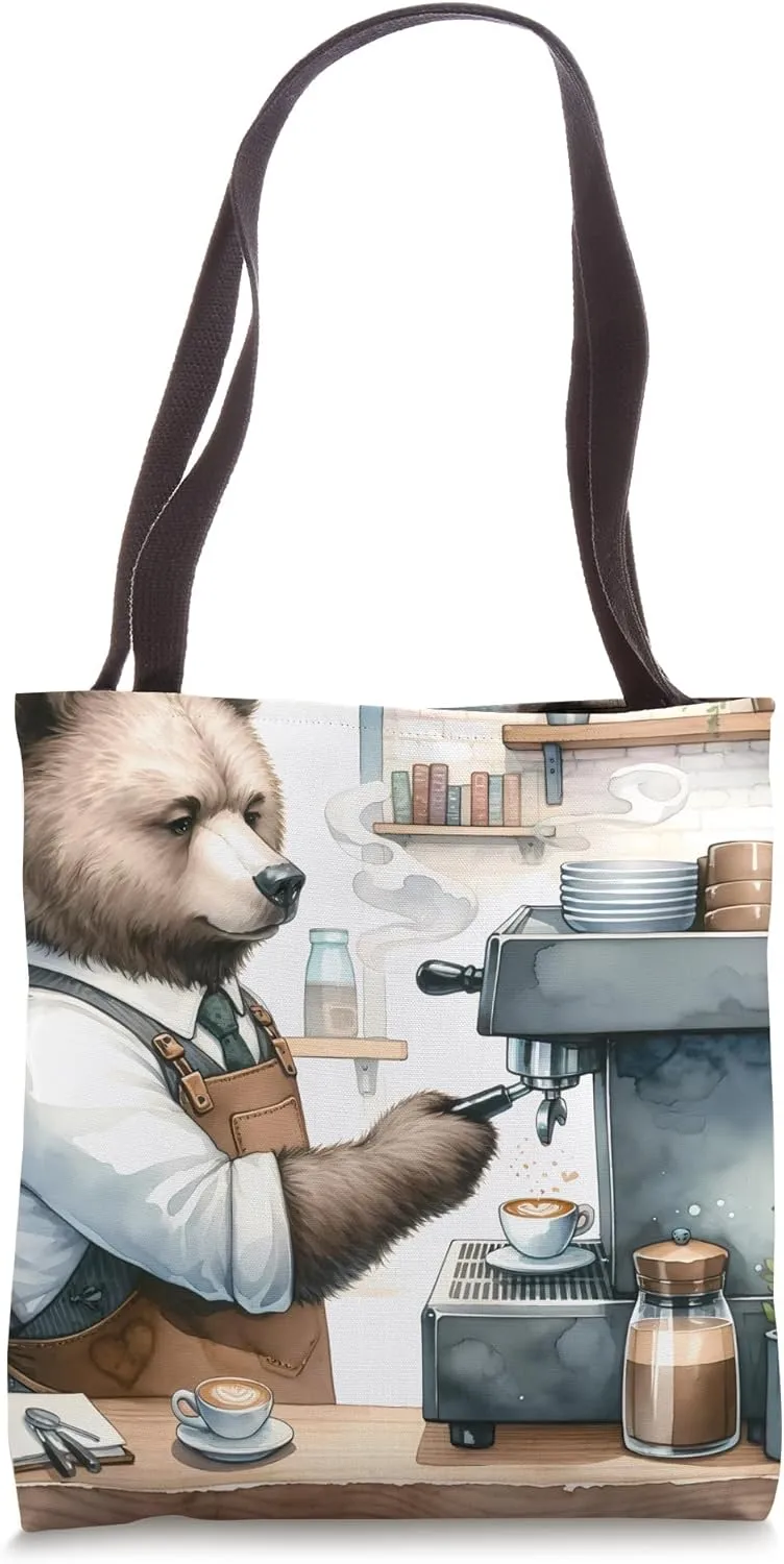Bear Barista Crafting A Latte. Espresso Plants Bookshelves Tote Bag