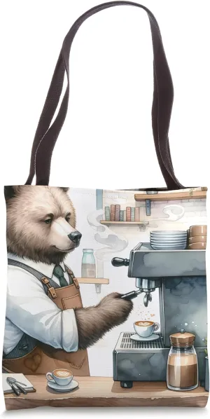 Bear Barista Crafting A Latte. Espresso Plants Bookshelves Tote Bag