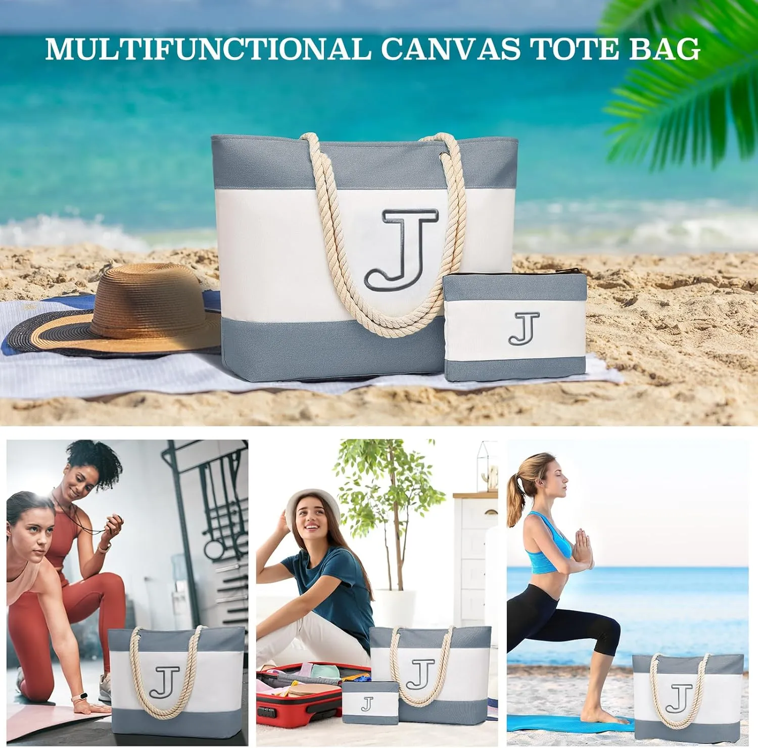 Becokan Initial Beach Bag Waterproof Canvas Beach Tote Bag Zipper Personalized Gifts for Women Her Birthday Travel Essentials