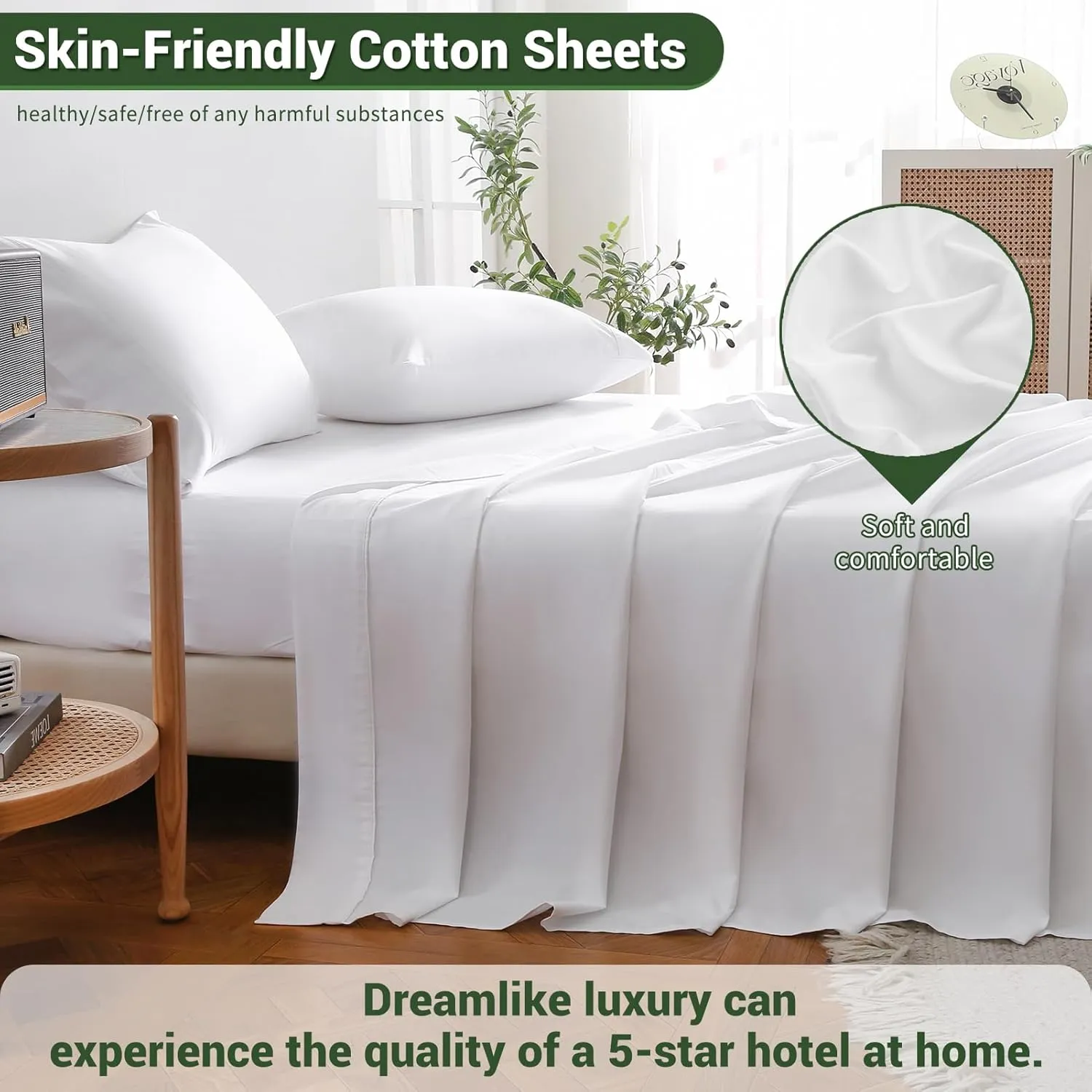Bedlifes 100% Egyptian Cotton Sheets Queen Size-Cooling Sheets Soft Breathable Sateen Weave Luxury Hotel Sheets-16 Deep Pocket 4Piece (Queen,White)