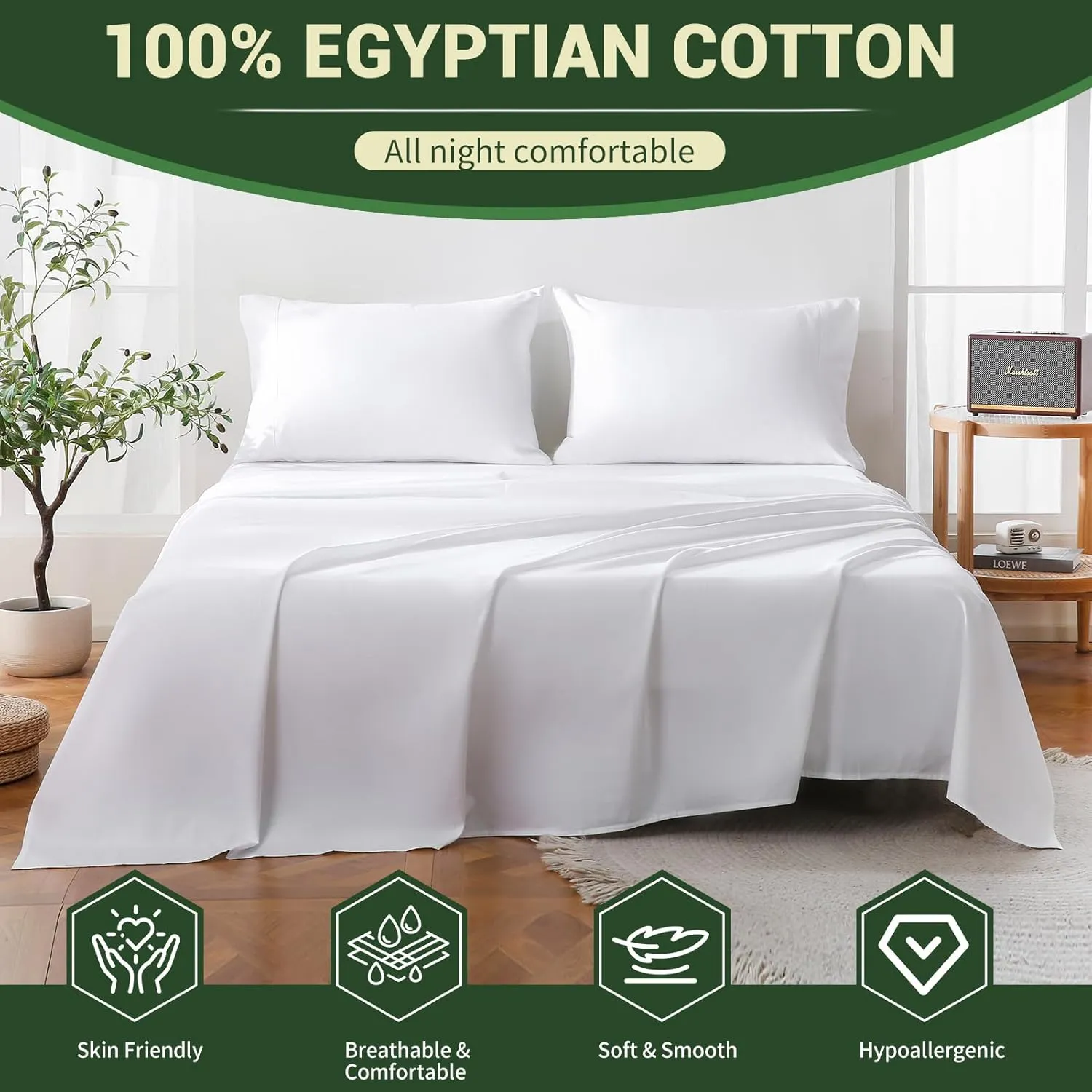 Bedlifes 100% Egyptian Cotton Sheets Queen Size-Cooling Sheets Soft Breathable Sateen Weave Luxury Hotel Sheets-16 Deep Pocket 4Piece (Queen,White)