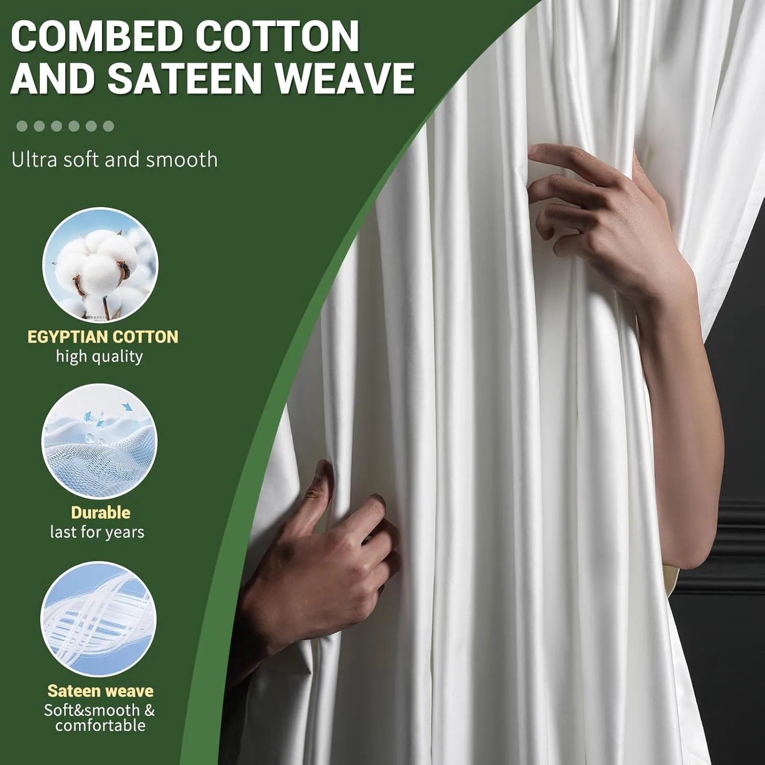 Bedlifes 100% Egyptian Cotton Sheets Queen Size-Cooling Sheets Soft Breathable Sateen Weave Luxury Hotel Sheets-16 Deep Pocket 4Piece (Queen,White)