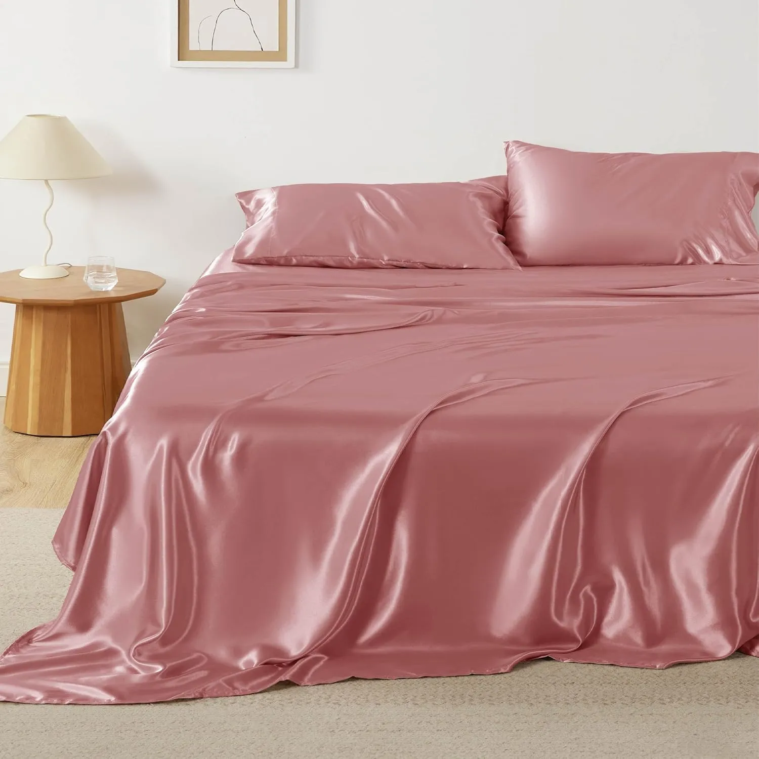 Bedsure Satin Sheets Queen Size - Similar to Silk Sheets, Silky Bedsheet, Luxury & Ultra Soft, Non-Fading & Wrinkle Free, Good for Hair & Skin, Gifts for Women, 4 Pieces, Coral