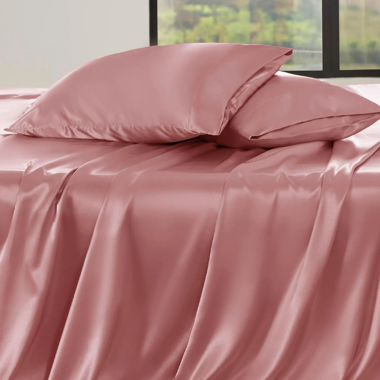 Bedsure Satin Sheets Queen Size - Similar to Silk Sheets, Silky Bedsheet, Luxury & Ultra Soft, Non-Fading & Wrinkle Free, Good for Hair & Skin, Gifts for Women, 4 Pieces, Coral