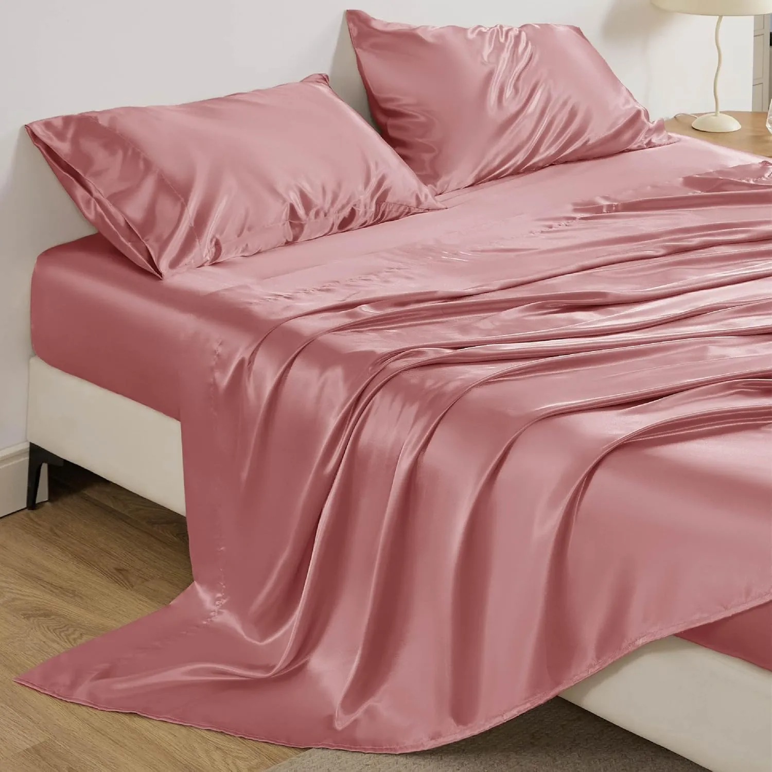 Bedsure Satin Sheets Queen Size - Similar to Silk Sheets, Silky Bedsheet, Luxury & Ultra Soft, Non-Fading & Wrinkle Free, Good for Hair & Skin, Gifts for Women, 4 Pieces, Coral
