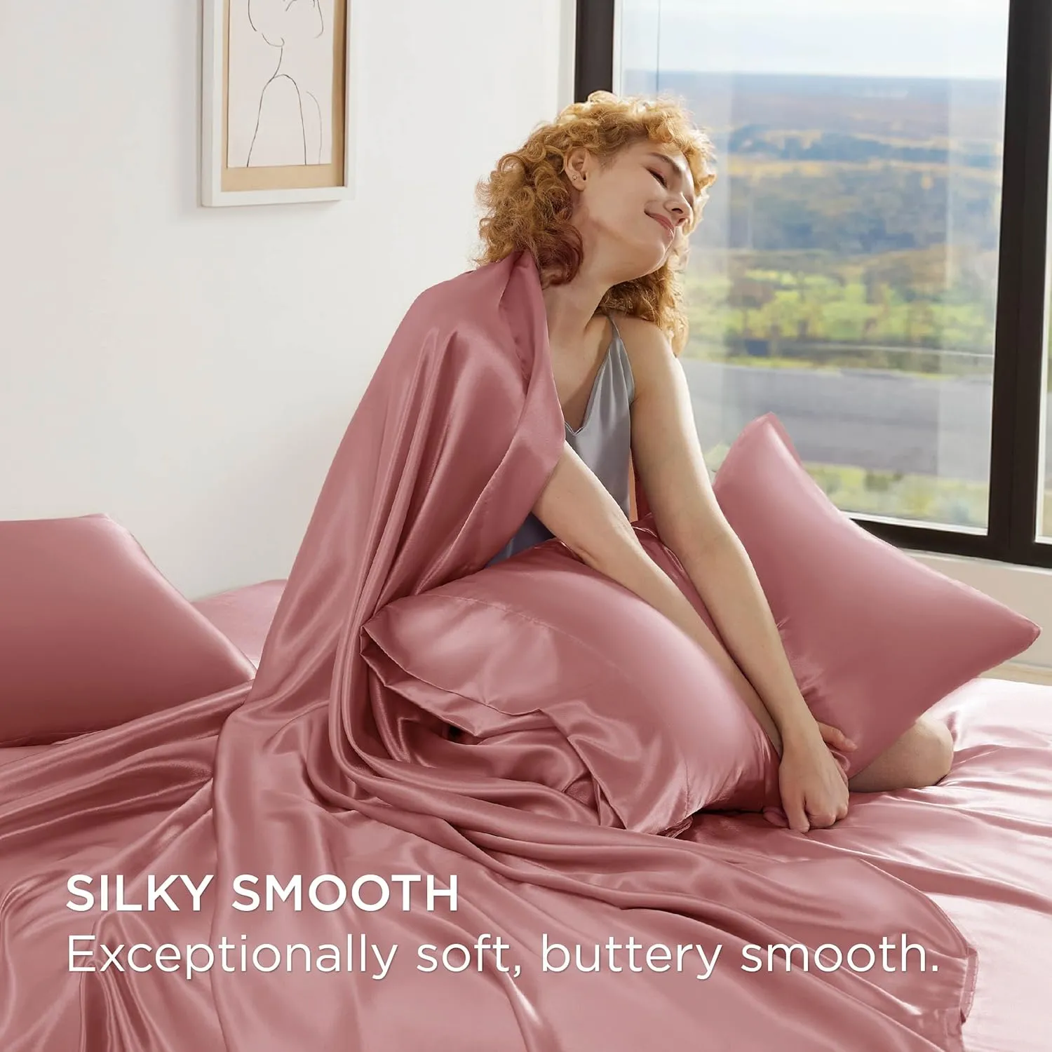 Bedsure Satin Sheets Queen Size - Similar to Silk Sheets, Silky Bedsheet, Luxury & Ultra Soft, Non-Fading & Wrinkle Free, Good for Hair & Skin, Gifts for Women, 4 Pieces, Coral