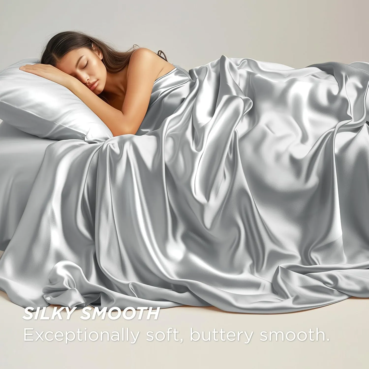Bedsure Satin Sheets Queen Size - Similar to Silk Sheets, Silky Bedsheet Queen Size Bed, Soft & Luxury, Non-Fading & Wrinkle Free, Good for Hair & Skin, Gifts for Women, 4 Pieces, Silver Grey