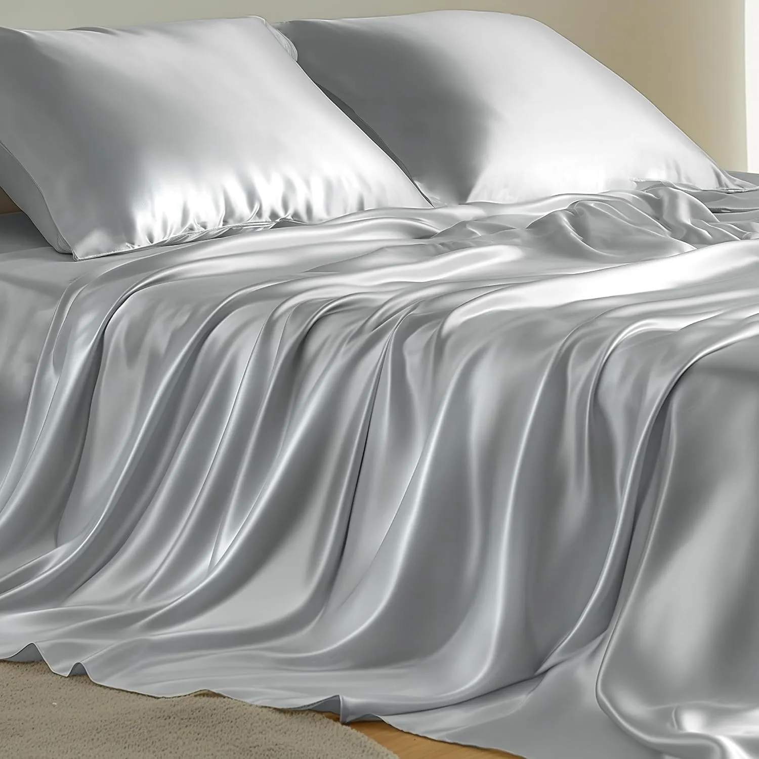 Bedsure Satin Sheets Queen Size - Similar to Silk Sheets, Silky Bedsheet Queen Size Bed, Soft & Luxury, Non-Fading & Wrinkle Free, Good for Hair & Skin, Gifts for Women, 4 Pieces, Silver Grey
