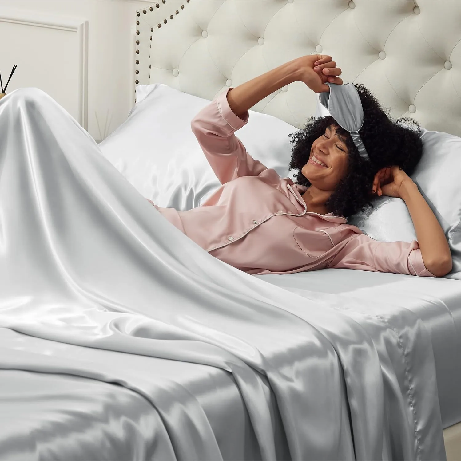 Bedsure Satin Sheets Queen Size - Similar to Silk Sheets, Silky Bedsheet Queen Size Bed, Soft & Luxury, Non-Fading & Wrinkle Free, Good for Hair & Skin, Gifts for Women, 4 Pieces, Silver Grey