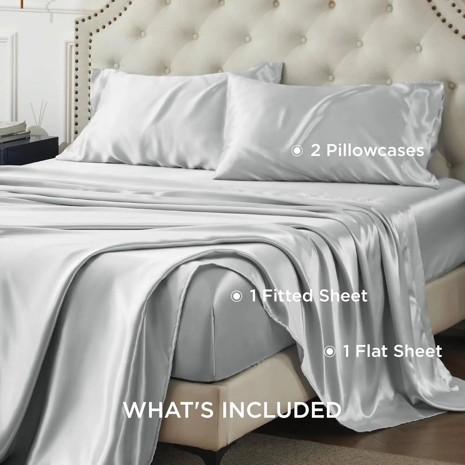 Bedsure Satin Sheets Queen Size - Similar to Silk Sheets, Silky Bedsheet Queen Size Bed, Soft & Luxury, Non-Fading & Wrinkle Free, Good for Hair & Skin, Gifts for Women, 4 Pieces, Silver Grey