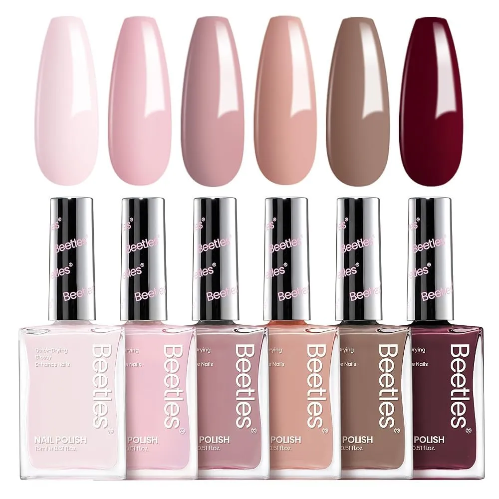Beetles Nude Nail Polish Set Coconut Mousse 6Pcs 15ml, Pink Nail Fast Drying Long Lasting Neutral Brown Red Burgundy Dark Lacquer Glossy for Salon-Quality Results