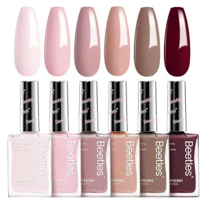 Beetles Nude Nail Polish Set Coconut Mousse 6Pcs 15ml, Pink Nail Fast Drying Long Lasting Neutral Brown Red Burgundy Dark Lacquer Glossy for Salon-Quality Results