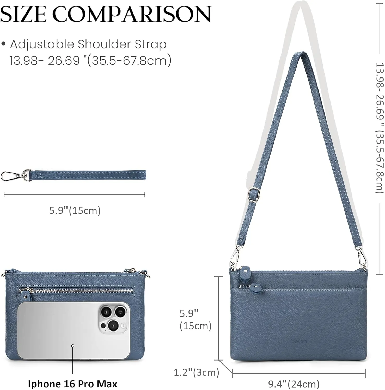 befen Genuine Leather Wristlet Clutch Wallet Purses with RFID Blocking, Small Crossbody Bags Shoulder Handbag for Women