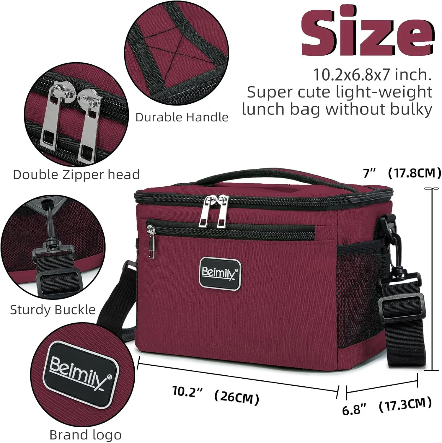 BEIMILY Lunch Box for Men/Women,Small Insulated Lunch Bag,Reusable LunchBox for work Picnic Hiking Beach,Leakproof Soft Cooler Tote Bag Organizer with Adjustable Shoulder Strap for Adults (Dark red)