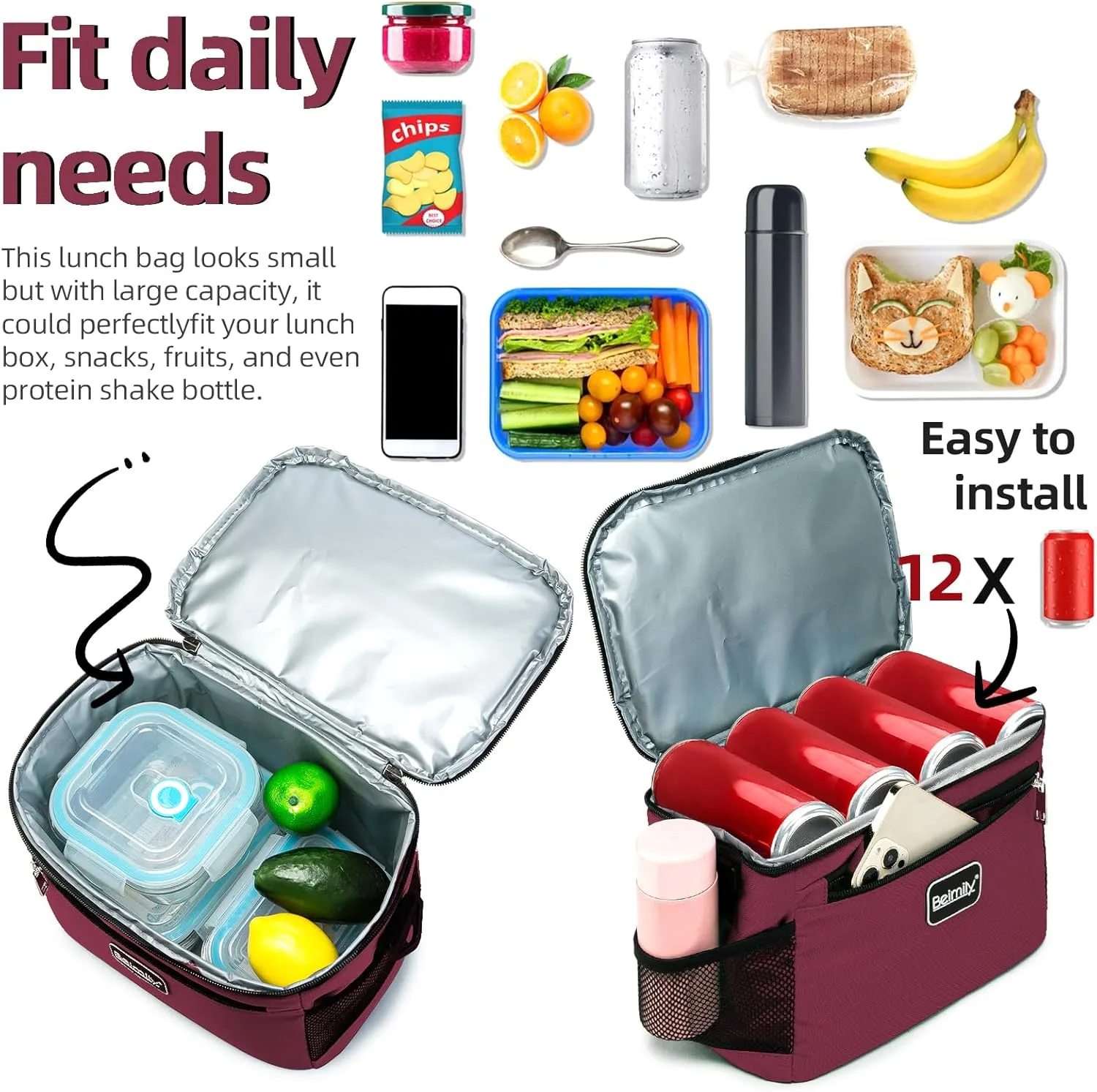 BEIMILY Lunch Box for Men/Women,Small Insulated Lunch Bag,Reusable LunchBox for work Picnic Hiking Beach,Leakproof Soft Cooler Tote Bag Organizer with Adjustable Shoulder Strap for Adults (Dark red)