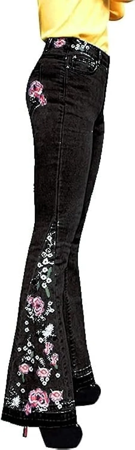 Bell Bottom Jeans Floral Embroidered Jeans Women Stretch Flare Jean Plus Size Bell-Bottoms Y2k Wide Leg Denim Pants