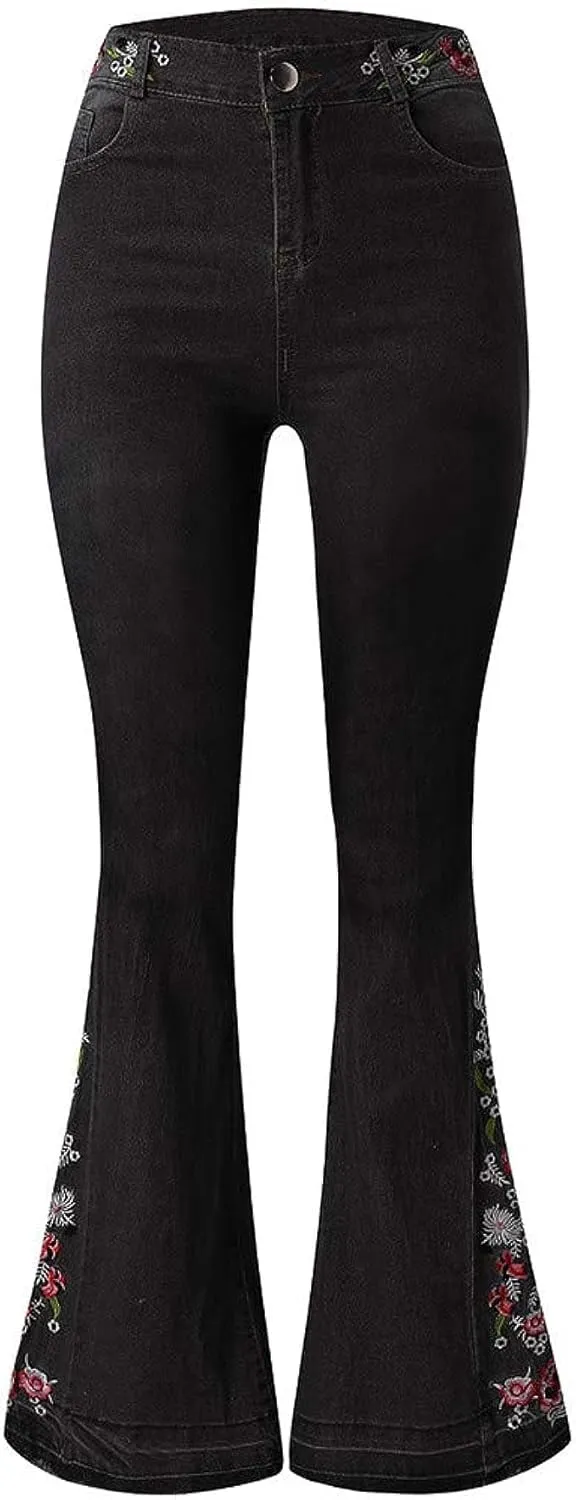 Bell Bottom Jeans Floral Embroidered Jeans Women Stretch Flare Jean Plus Size Bell-Bottoms Y2k Wide Leg Denim Pants