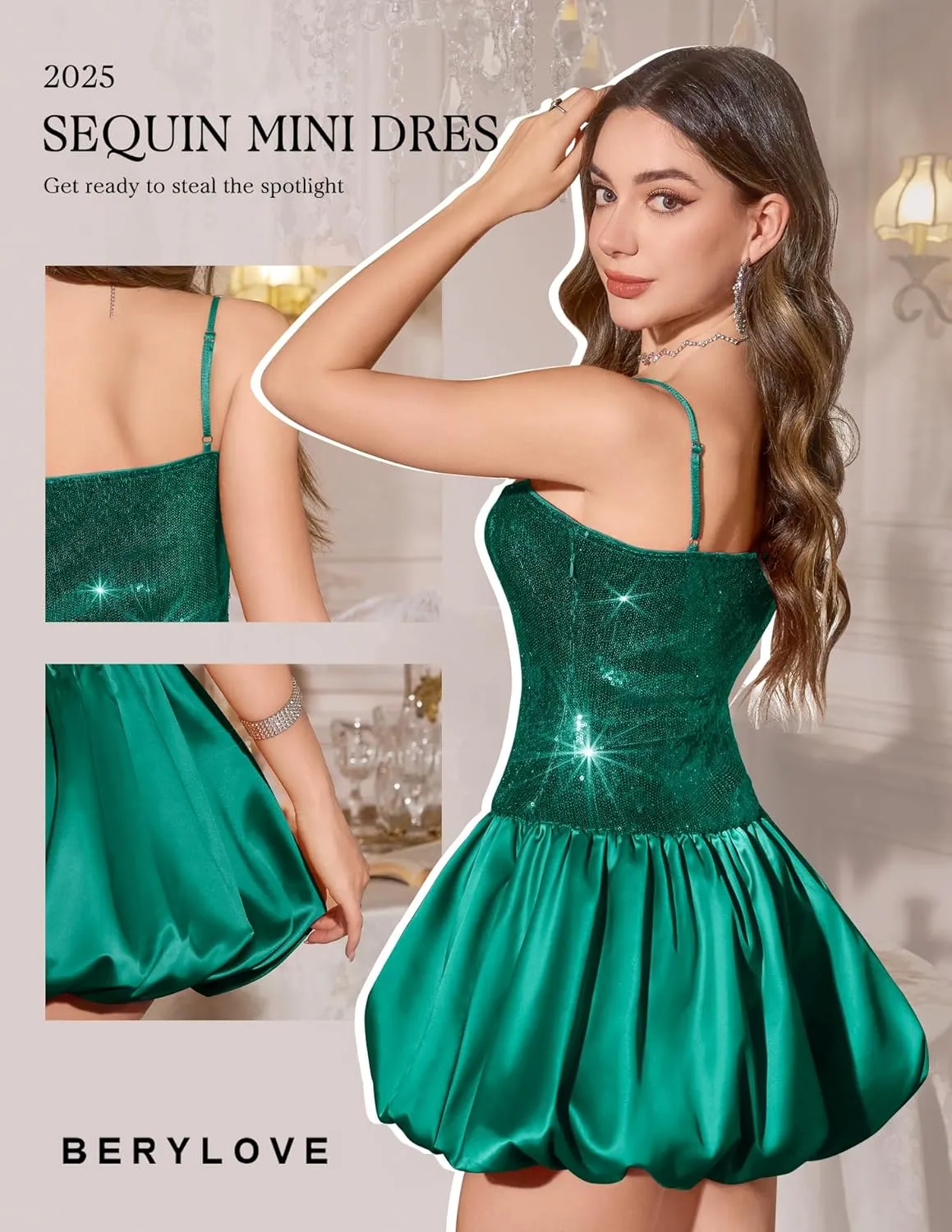 BeryLove Women's Sequin Short Prom Bubble Dress Sparkly Spaghetti Strap Cocktail Party Mini Dresses