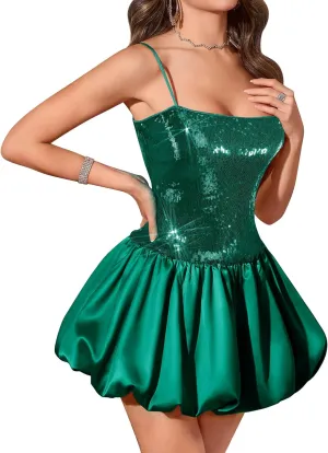 BeryLove Women's Sequin Short Prom Bubble Dress Sparkly Spaghetti Strap Cocktail Party Mini Dresses