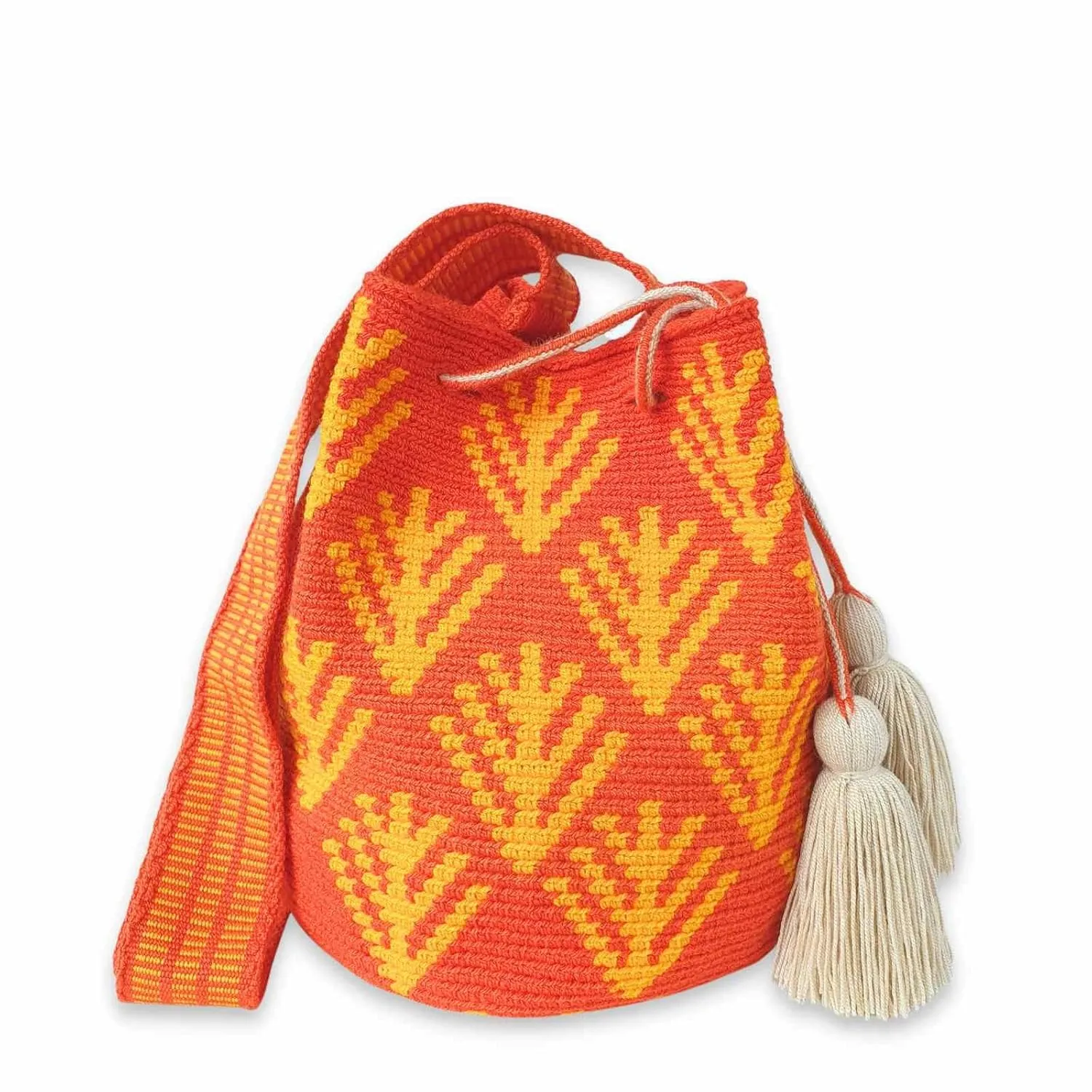 Best-Selling Wayuu Bag, Mochila from Colombia, Medium Crochet Crossbody, Handmade Medium Purse, Ethnic Bucket Bag, Colombian Craft (Saffron)