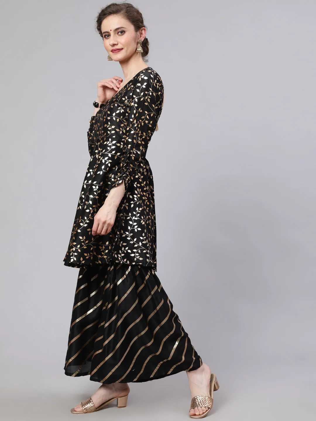 Black Foil Print Kurta Sharara With Dupatta