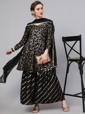 Black Foil Print Kurta Sharara With Dupatta