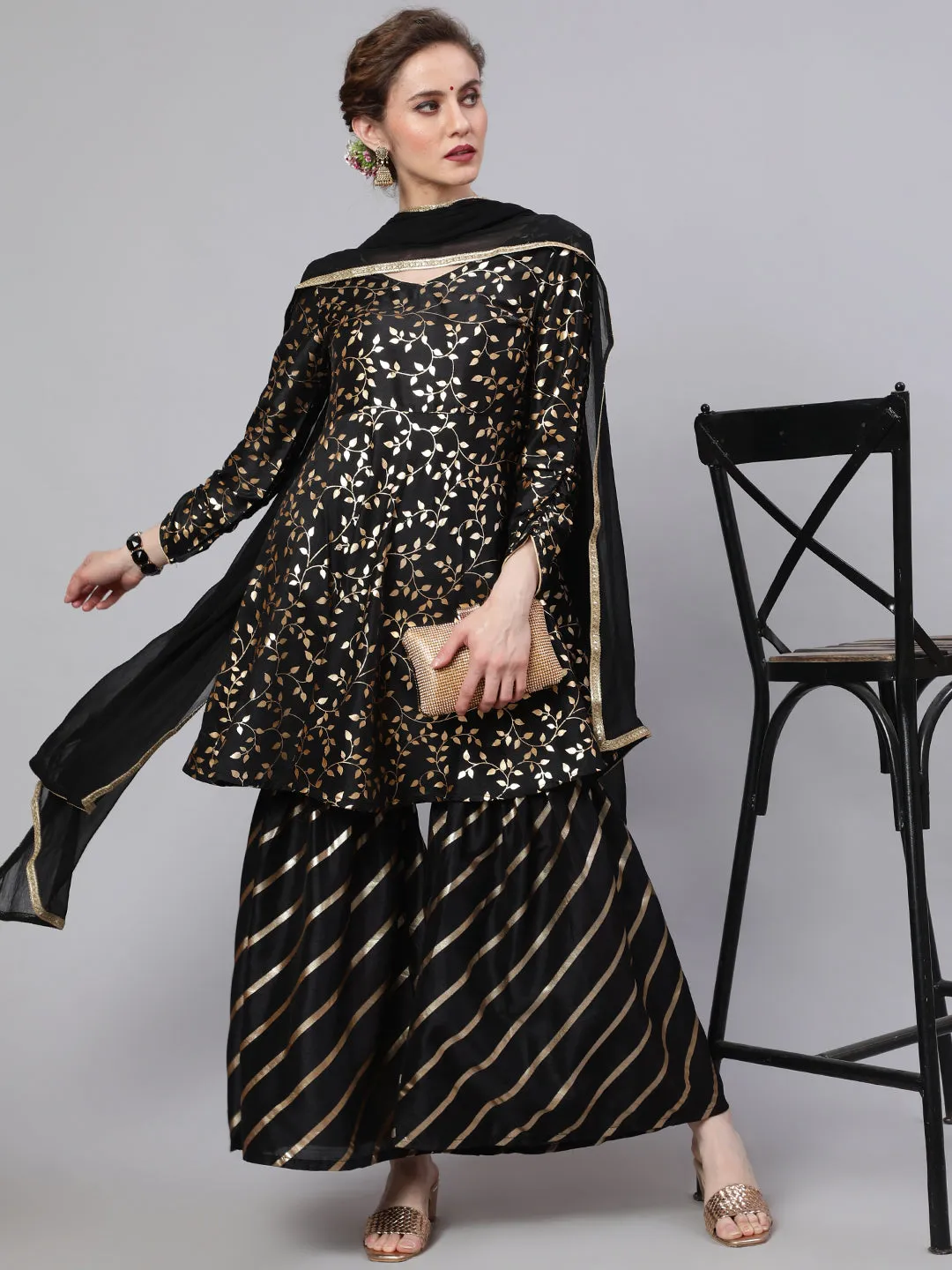 Black Foil Print Kurta Sharara With Dupatta