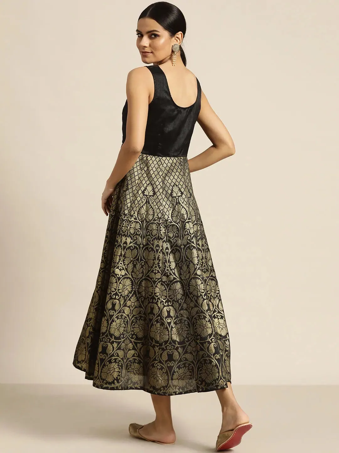 Black Foil Print Sleeveless Anarkali Maxi Dress