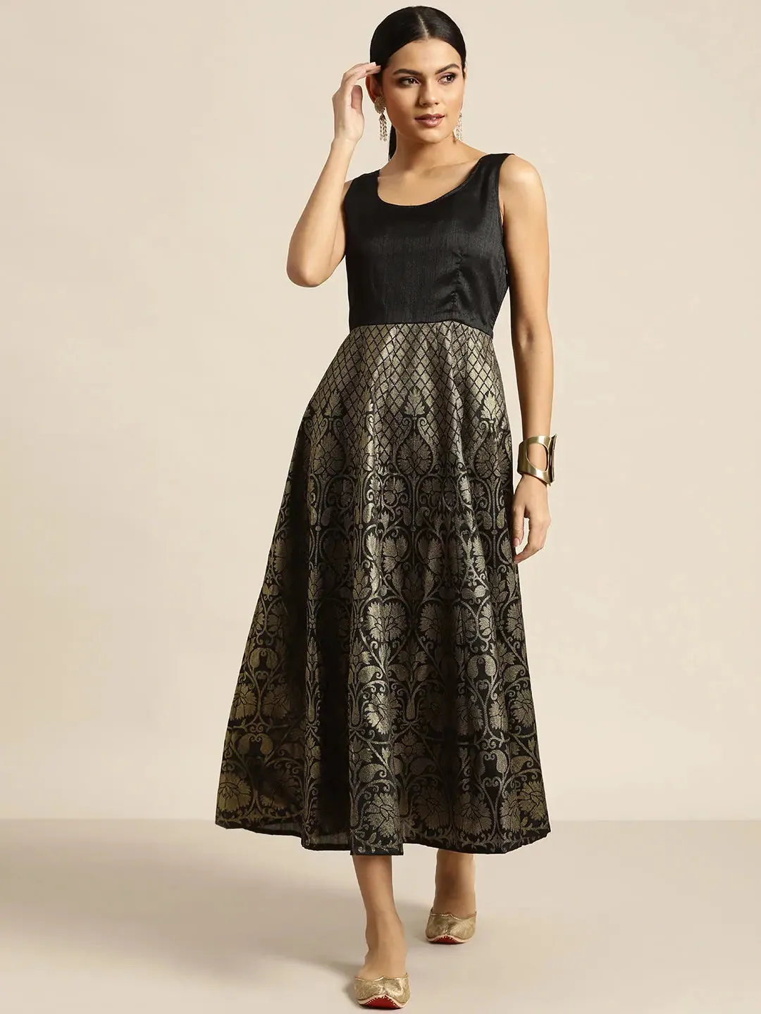 Black Foil Print Sleeveless Anarkali Maxi Dress