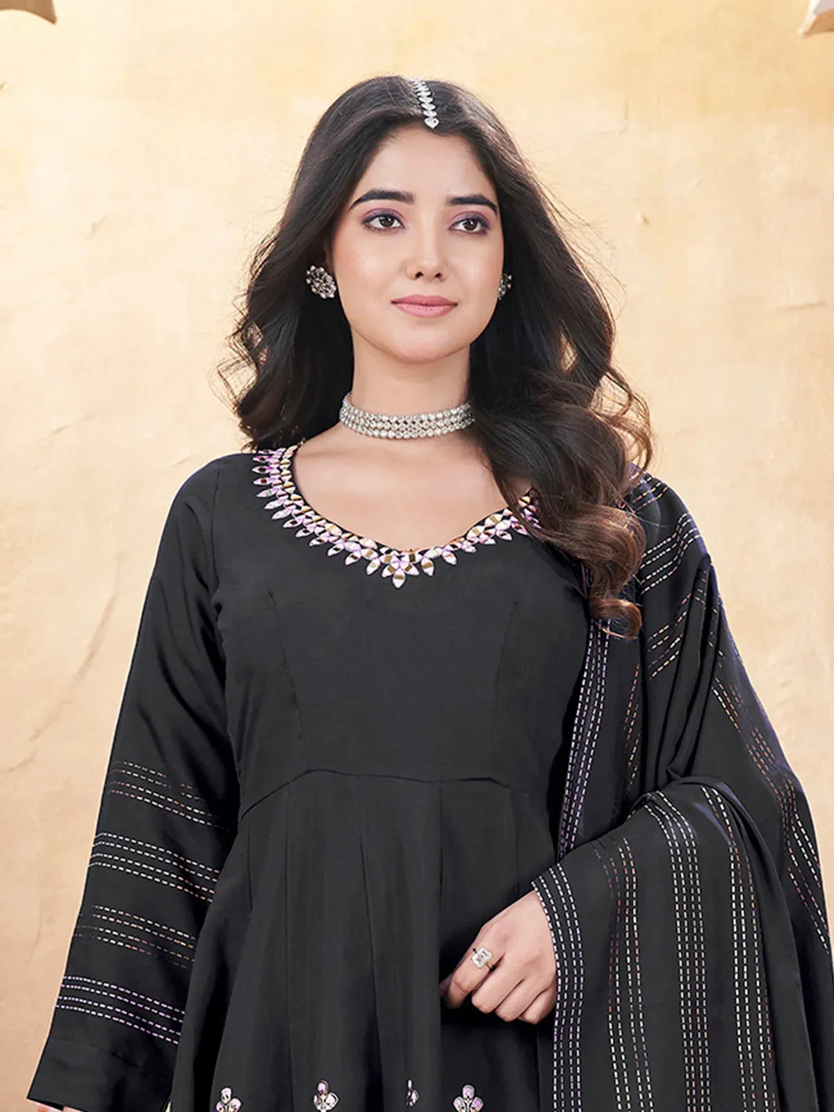 Black Silk Foil Print Kurti Set with Mirror Work
