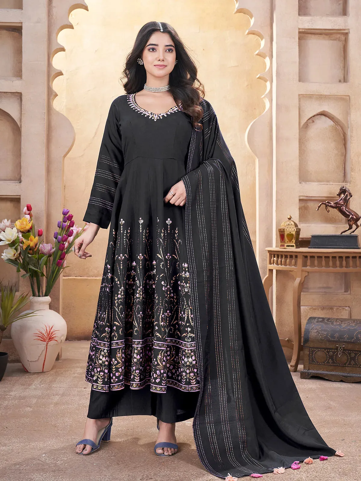 Black Silk Foil Print Kurti Set with Mirror Work