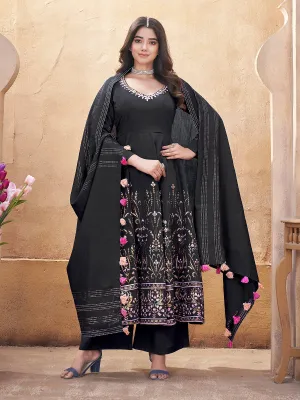 Black Silk Foil Print Kurti Set with Mirror Work